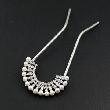 Czech Rhinestone & Pearl 2-Prong Bridal Hair Stick Fork Burst